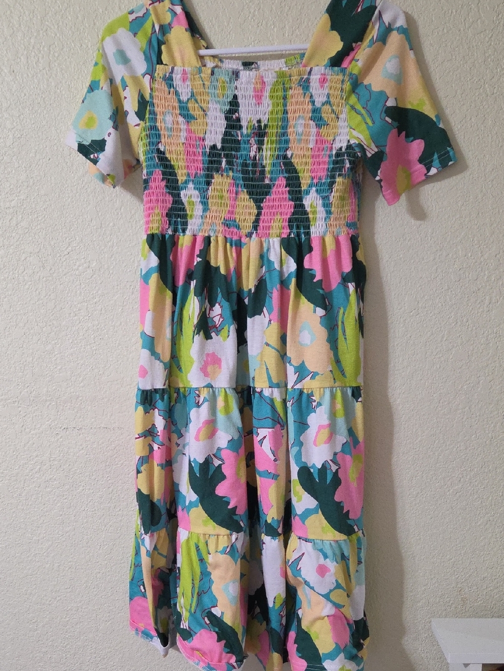 Floral Smocked Midi Dress in Pink & Green